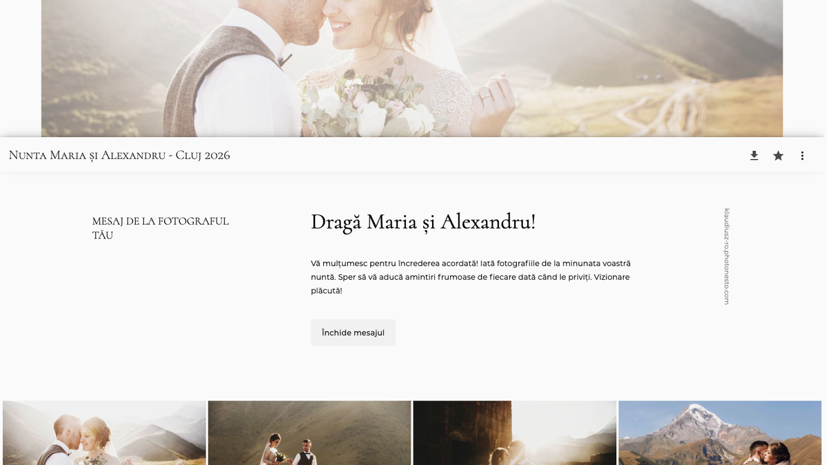 Mesajul de bun venit de la fotograf vizibil în galeria clientului