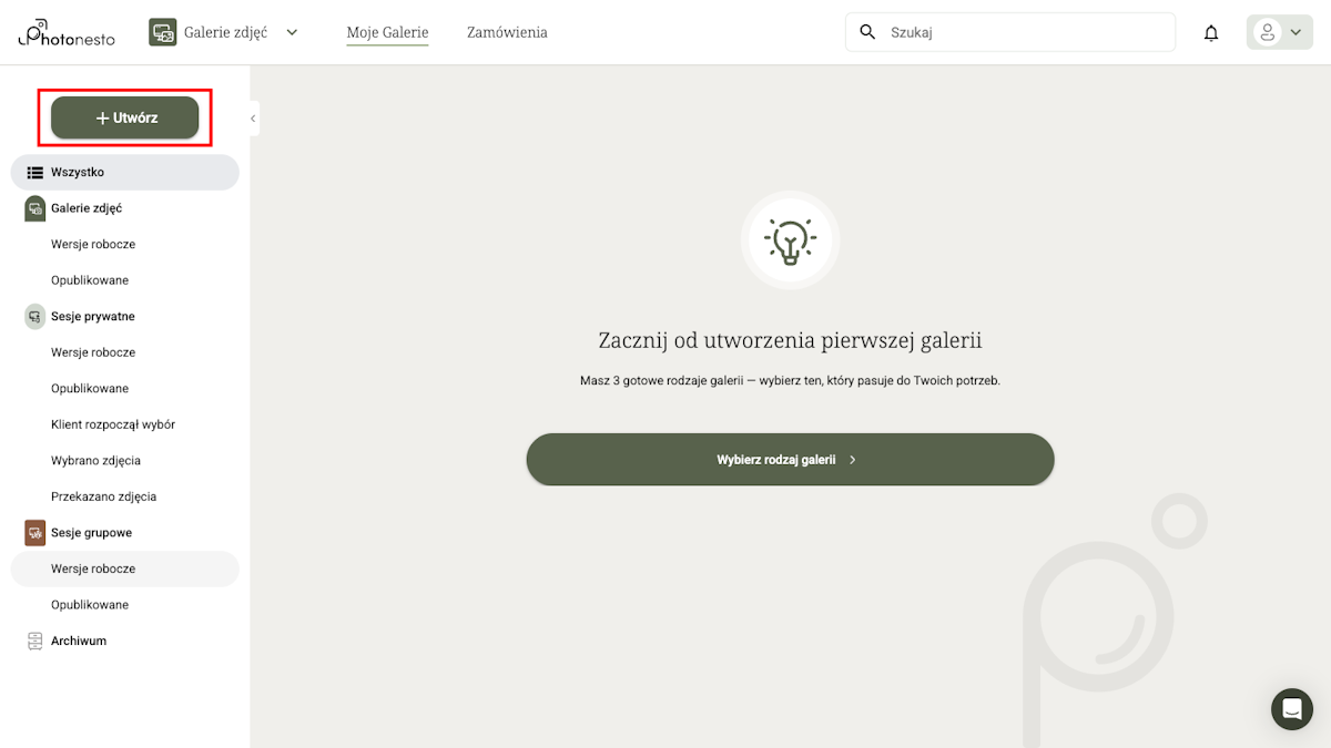 Panel fotografa z przyciskiem Utwórz w lewym górnym rogu
