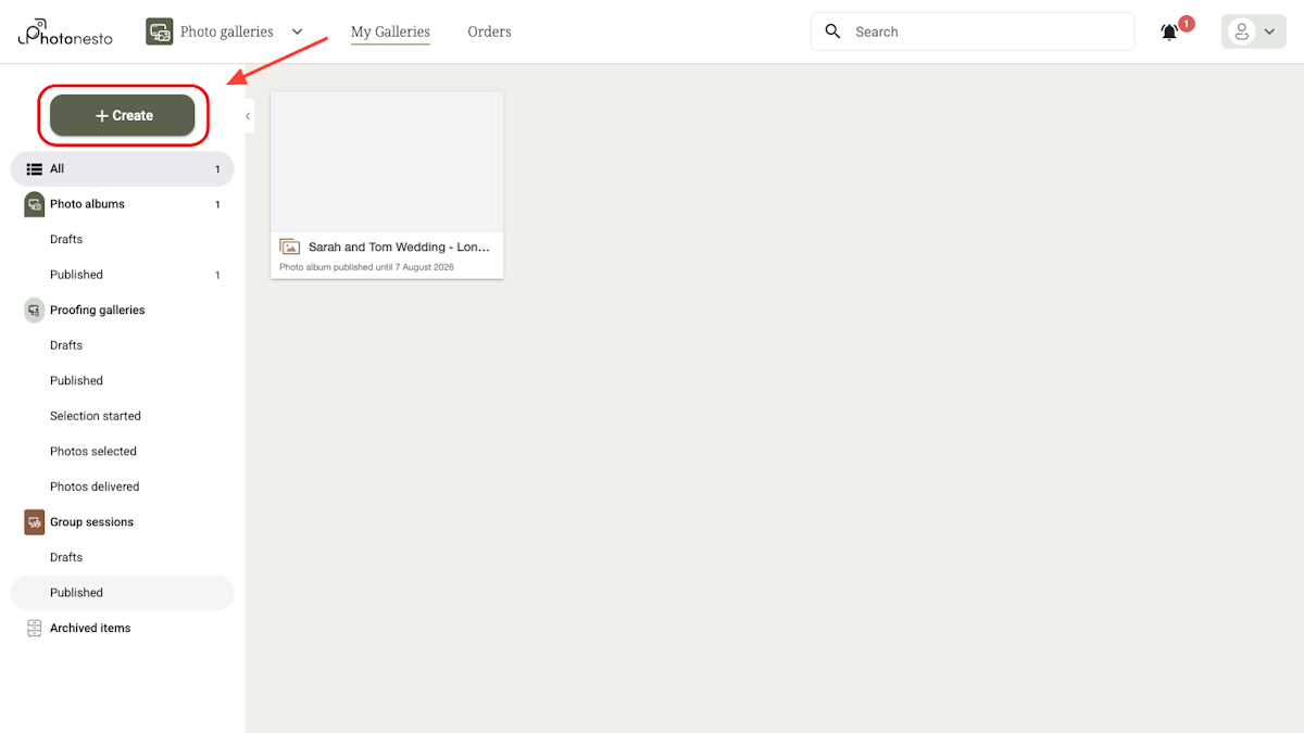 Photographer panel with the Create button in the top left corner
