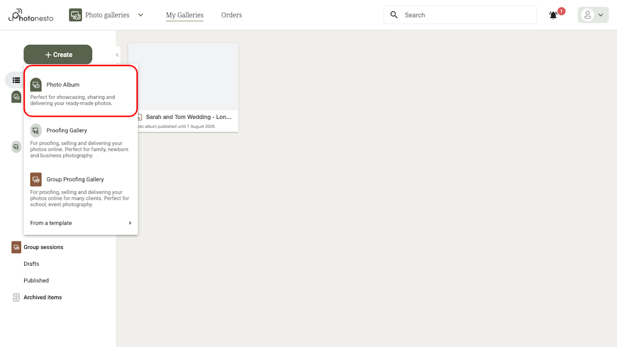 Gallery type selection menu with the Photo Album option