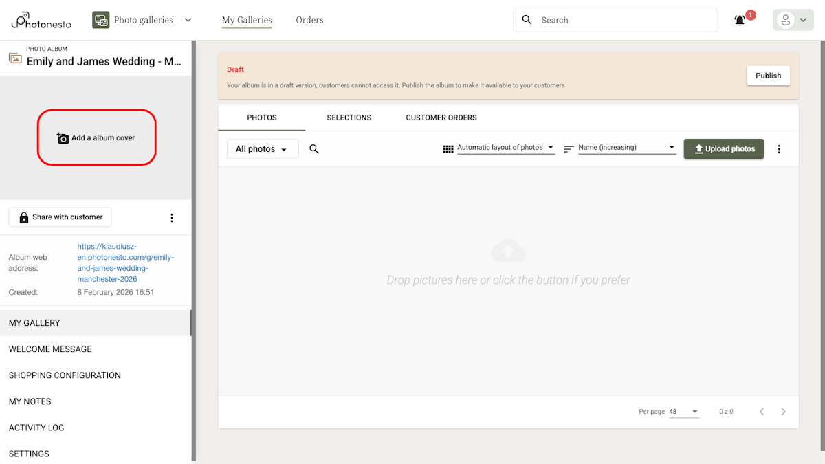 Newly created gallery with the Add a album cover button