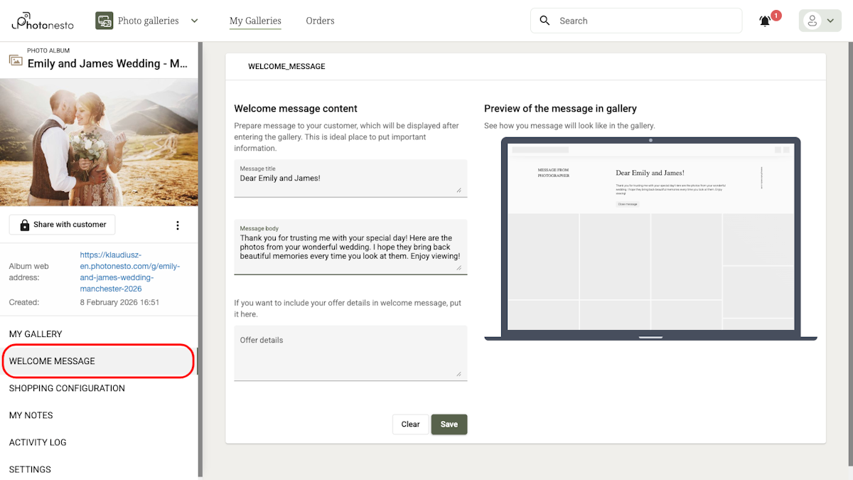Welcome message form with live preview