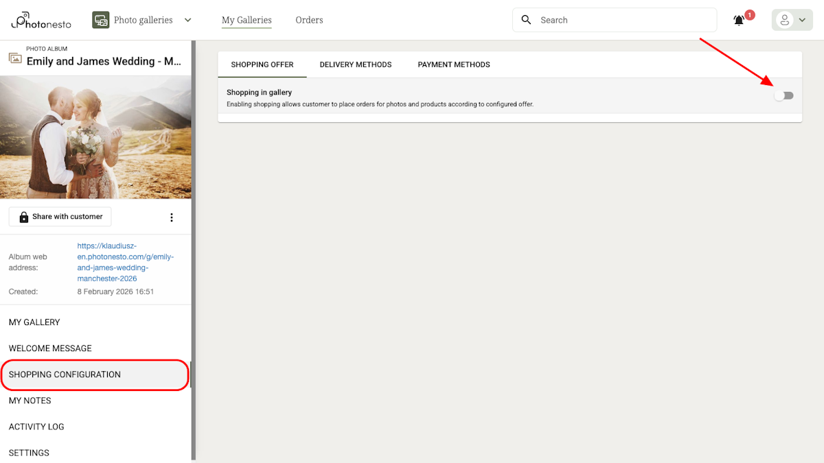 Shopping configuration section with the toggle switched off