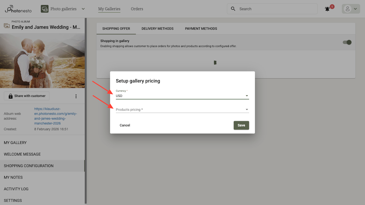Shopping offer configuration dialog with currency and pricing selection