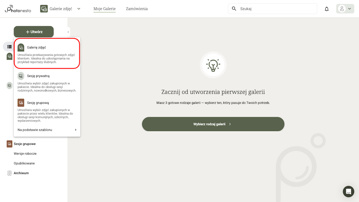 Menu wyboru typu galerii z opcją Galerię zdjęć
