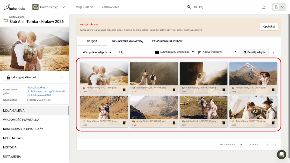 Galeria z wgranymi zdjęciami ślubnymi