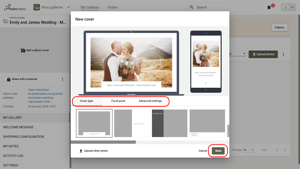 Gallery cover editor with preview on laptop and phone