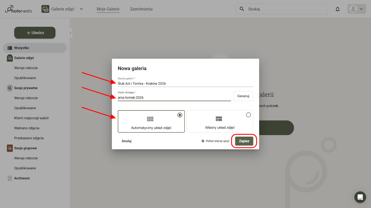 Formularz tworzenia nowej galerii z wypełnionymi polami