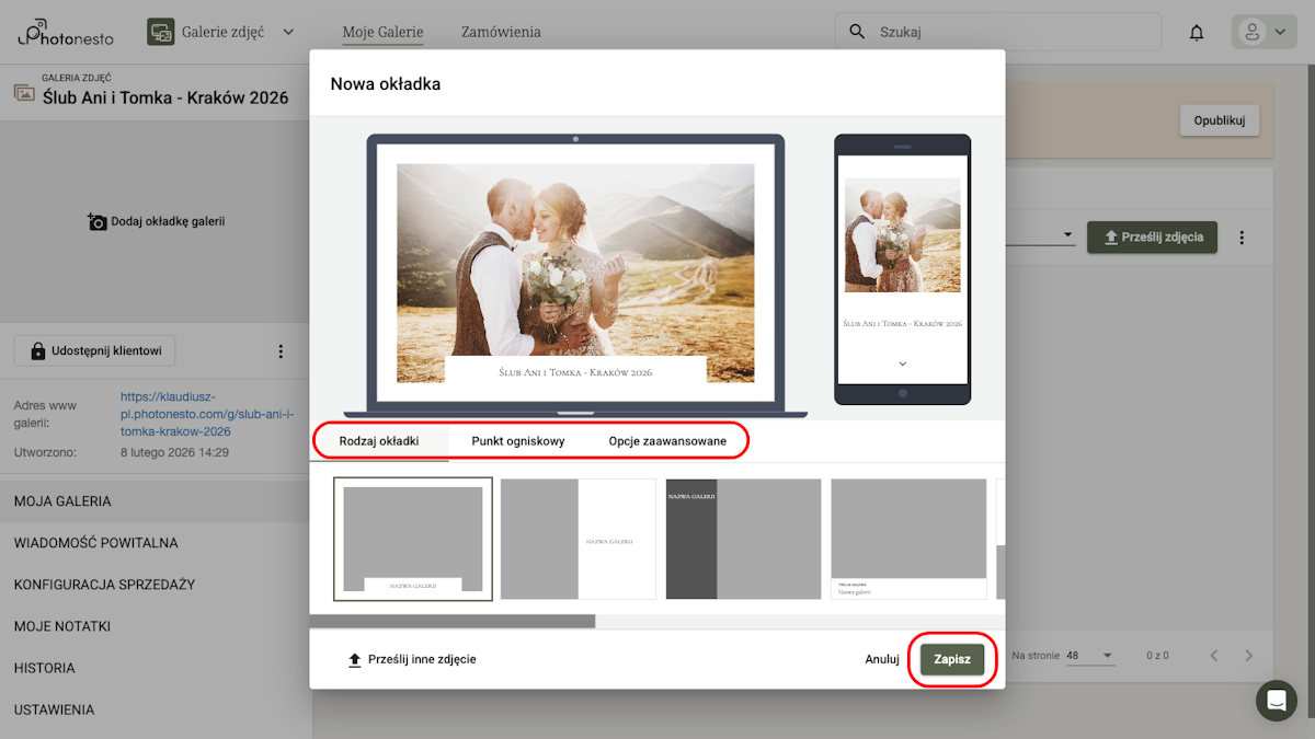 Edytor okładki galerii z podglądem na laptopie i telefonie