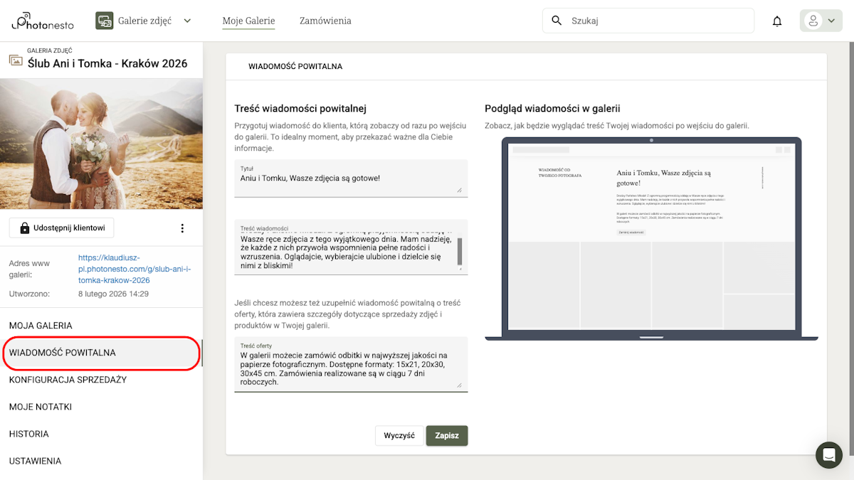 Formularz wiadomości powitalnej z podglądem