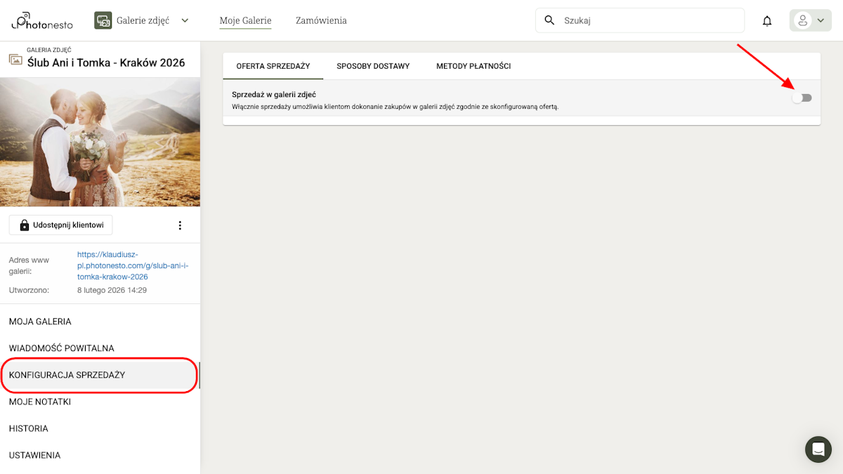 Sekcja konfiguracji sprzedaży z przełącznikiem wyłączonym