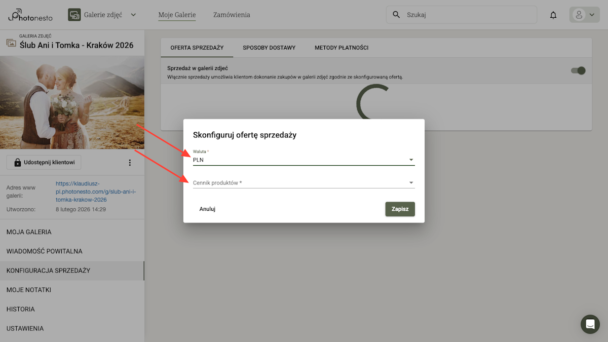 Dialog konfiguracji oferty sprzedaży z wyborem waluty i cennika