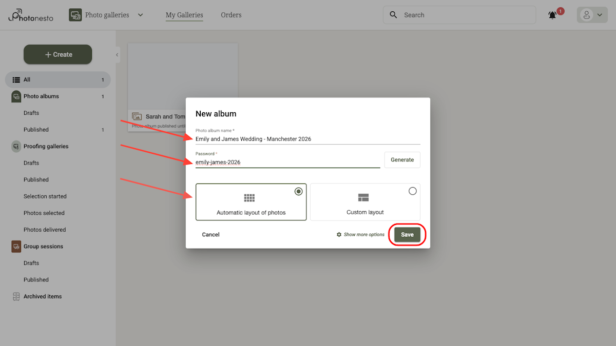 New gallery creation form with filled-in fields