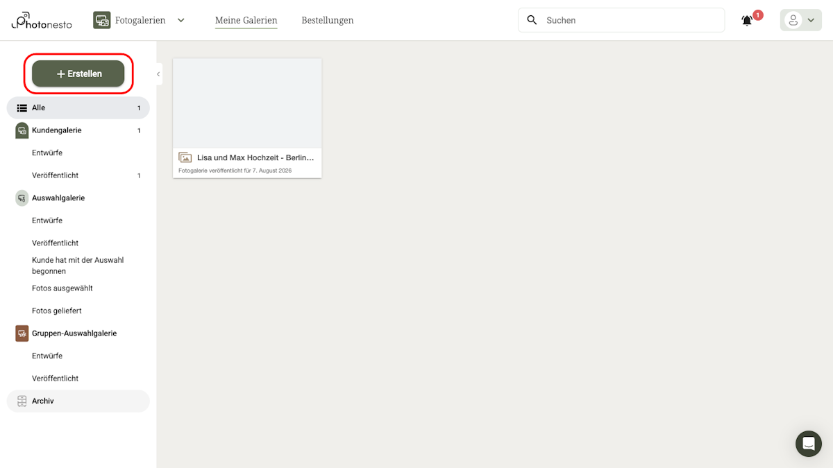 Fotografen-Dashboard mit der Schaltfläche Erstellen oben links