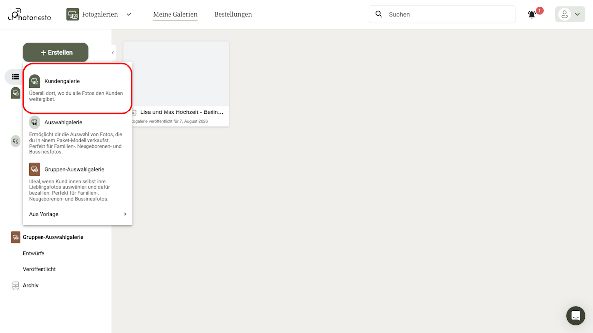 Dropdown-Menü mit der Option Kundengalerie