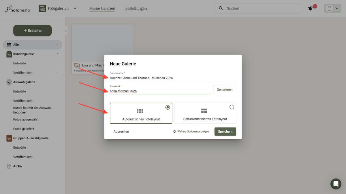 Formular zur Erstellung einer neuen Galerie mit ausgefüllten Feldern
