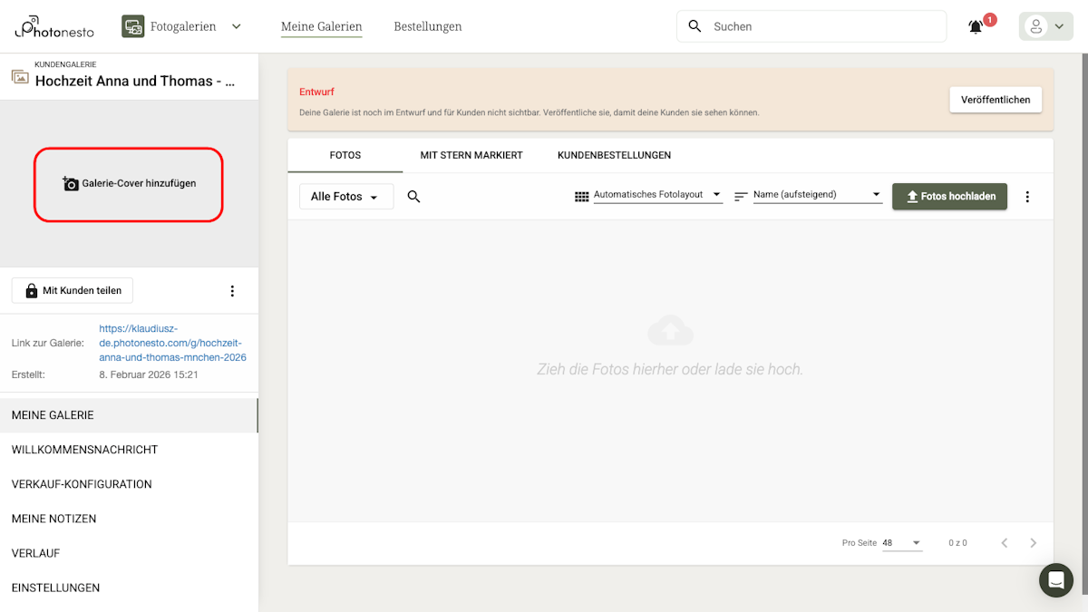 Neu erstellte Galerie mit der Schaltfläche Neues Cover