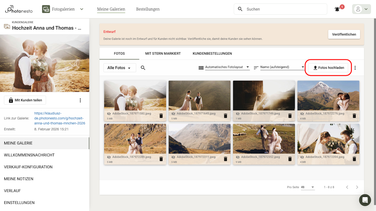 Galerie mit hochgeladenen Hochzeitsfotos