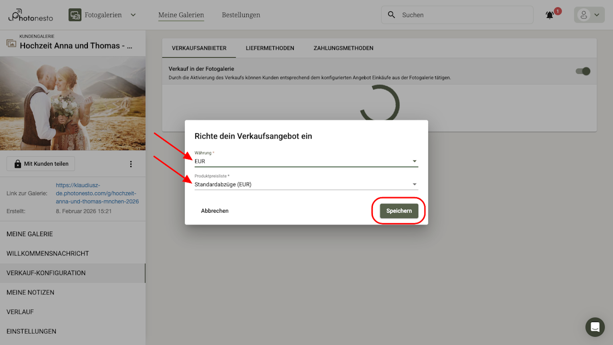 Dialog zur Konfiguration des Verkaufsangebots mit Währung und Preisliste