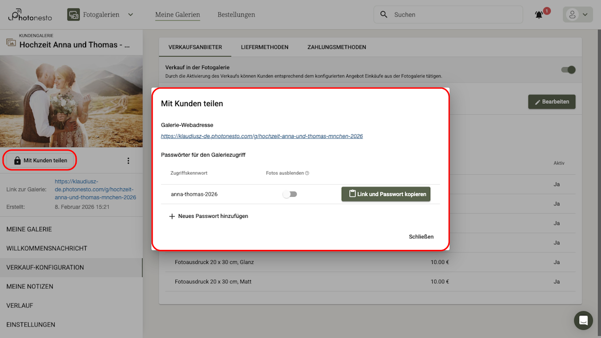 Dialog Mit Kunden teilen mit Link und Passwort