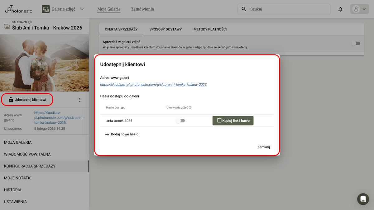 Okno udostępniania galerii z linkiem i hasłem