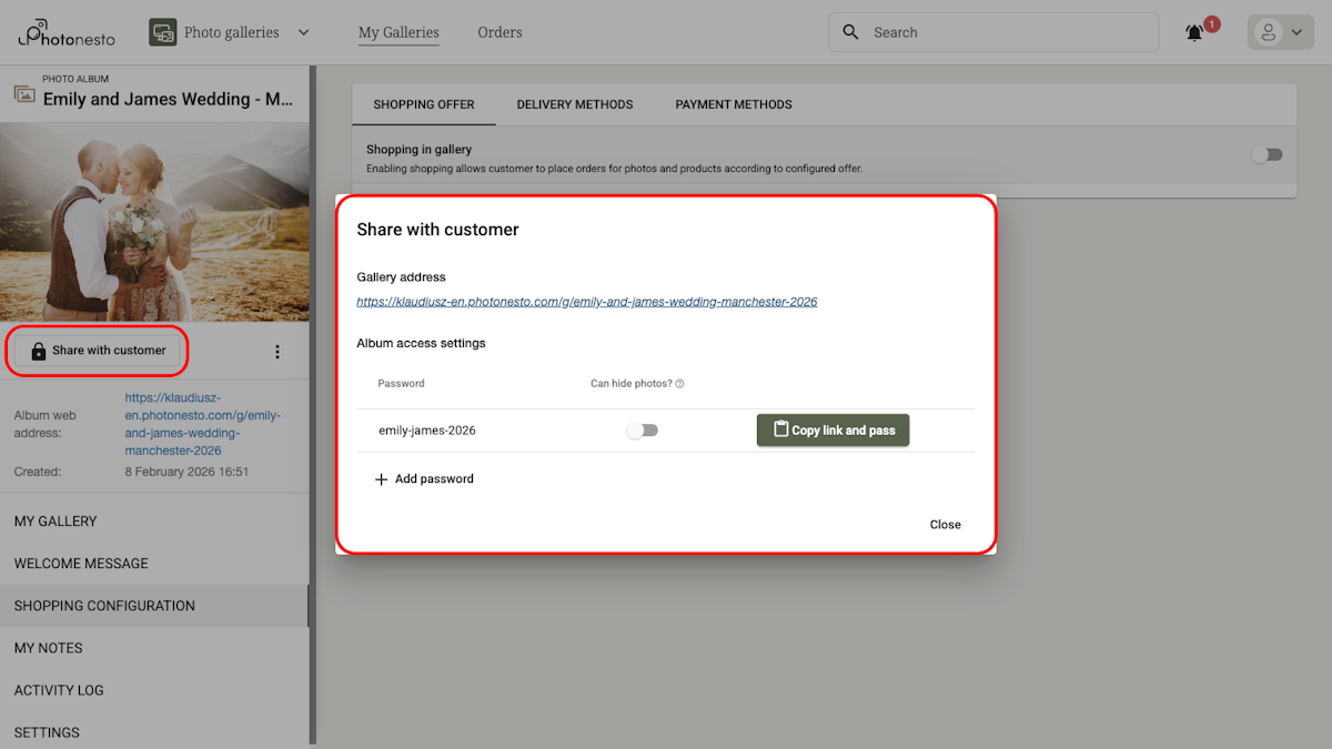 Share with customer dialog showing the link and password