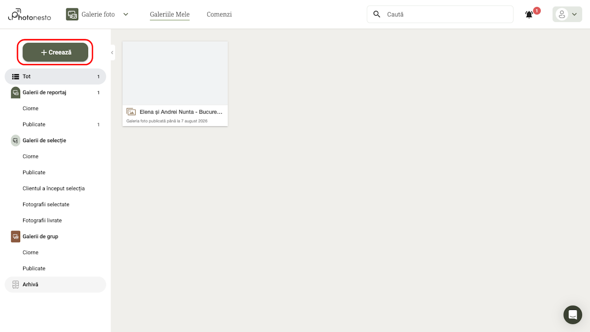 Panoul fotografului cu butonul Creează în colțul din stânga sus