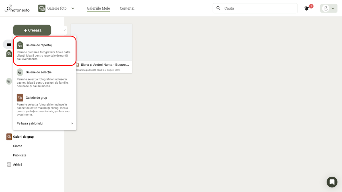 Meniu de selecție a tipului de galerie cu opțiunea Galerie de reportaj