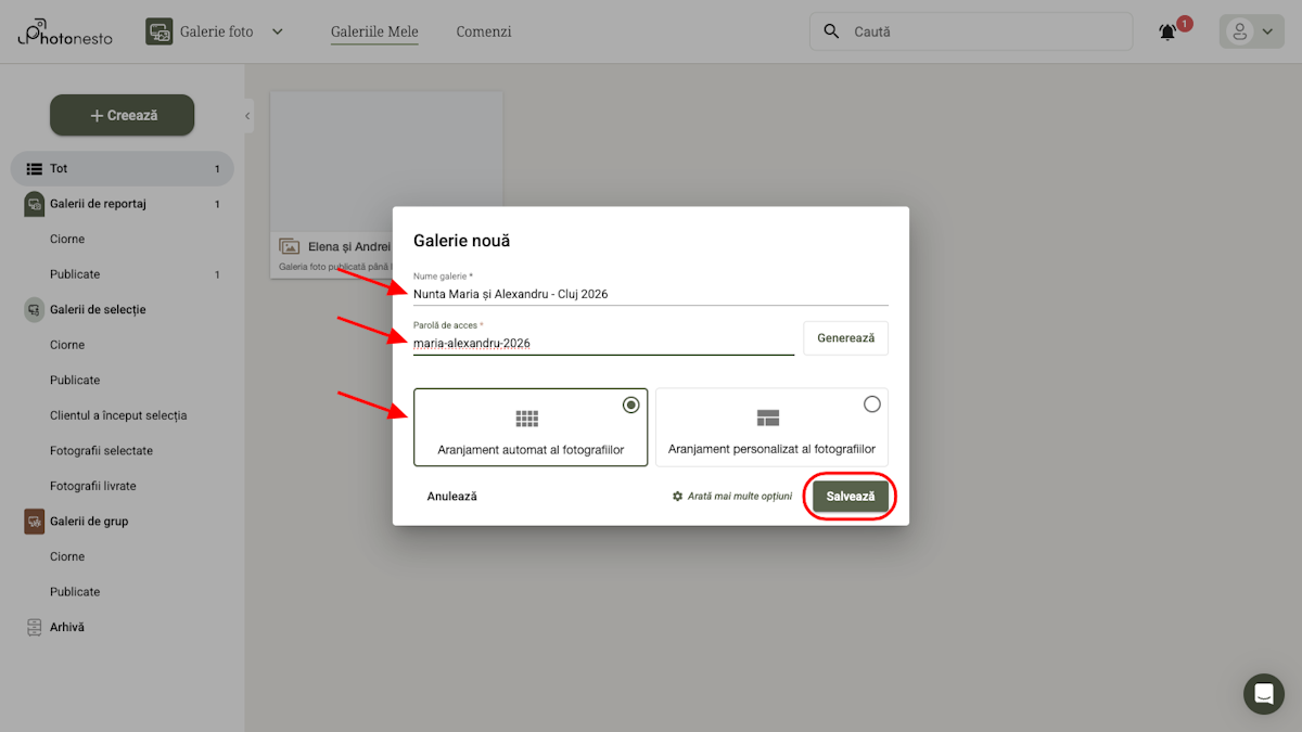 Formularul de creare a unei galerii noi cu câmpurile completate