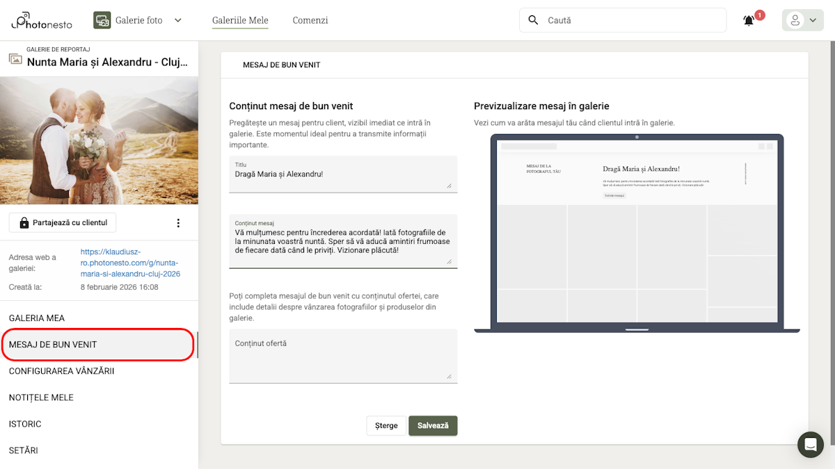 Formularul mesajului de bun venit cu previzualizare