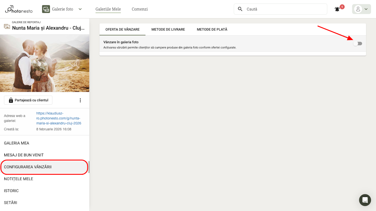 Secțiunea de configurare a vânzării cu comutatorul dezactivat