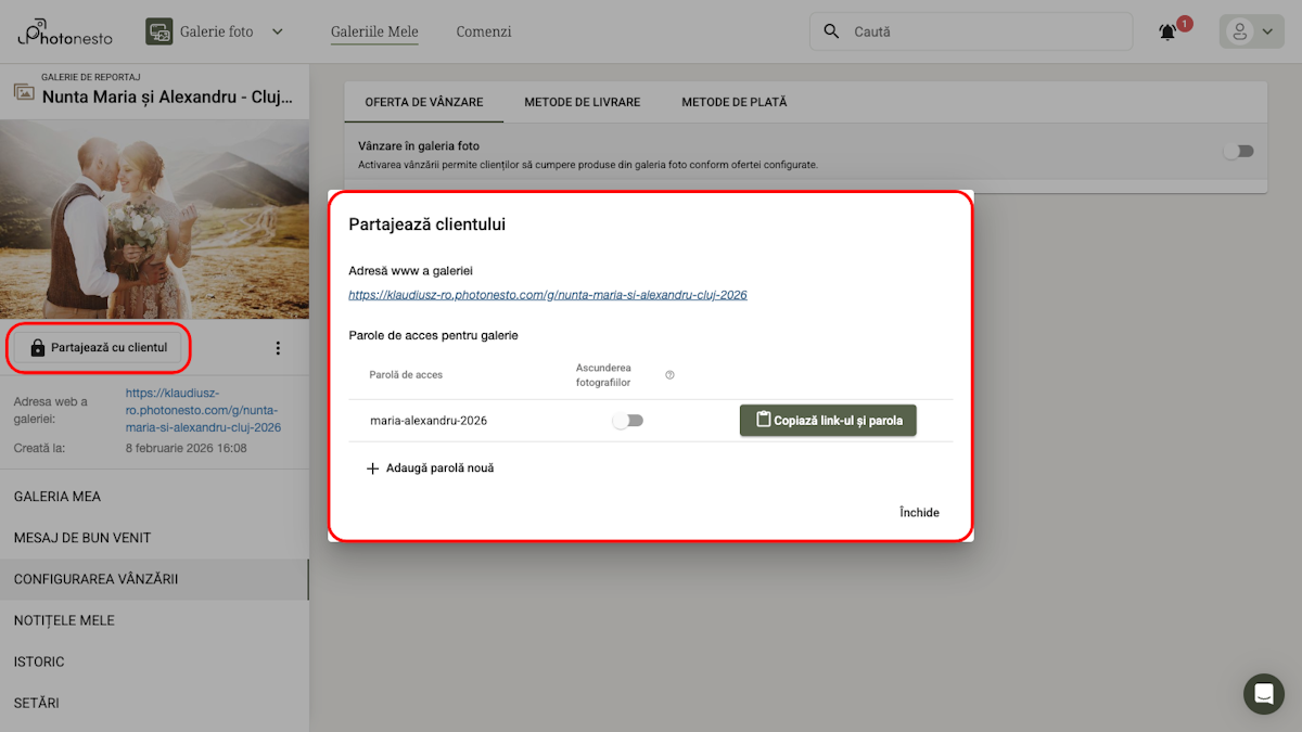 Fereastra de partajare a galeriei cu link-ul și parola