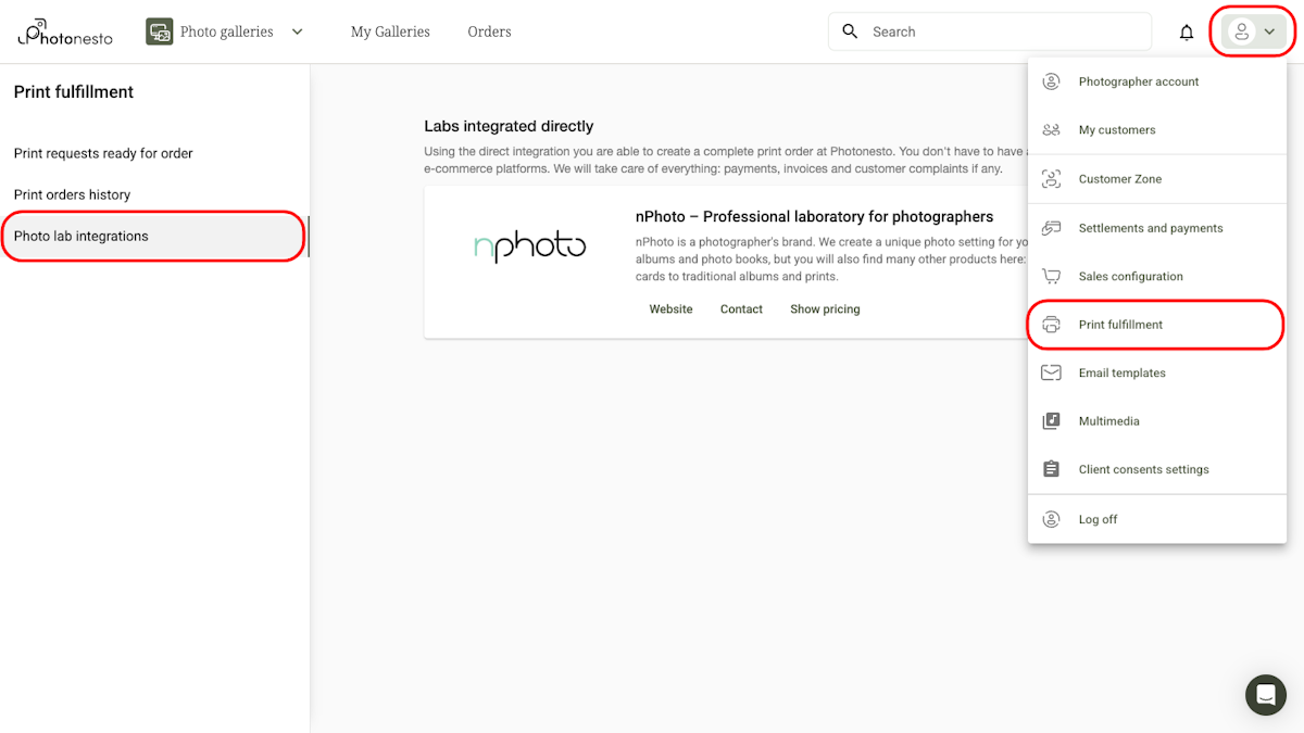 User menu showing the path: Print fulfillment → Photo lab integrations