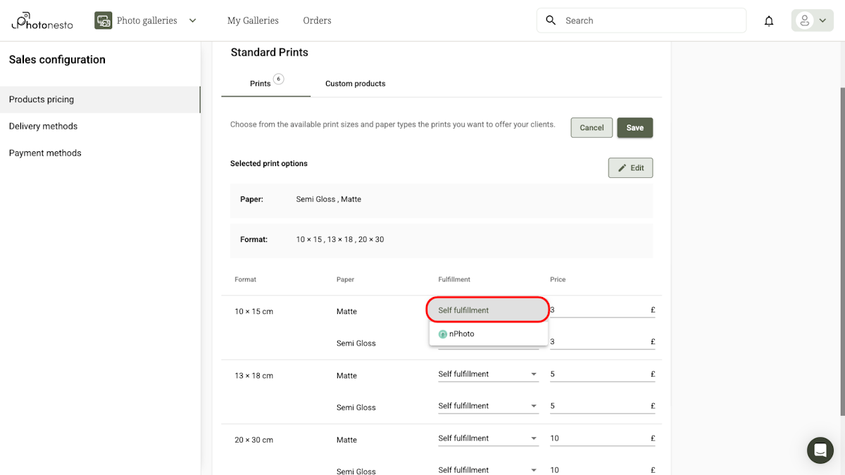 Fulfillment dropdown in the product pricing with options: Self fulfillment, nPhoto