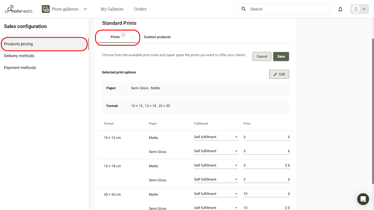Product pricing table with columns: Format, Paper, Fulfillment, Price