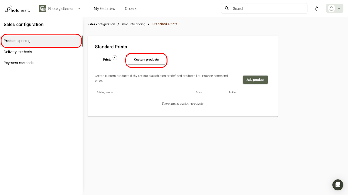 Custom products tab with a list of additional products: albums, canvas prints