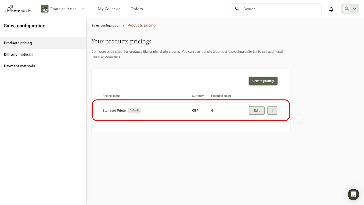 Products pricing list showing Standard Prints with GBP currency and 6 products