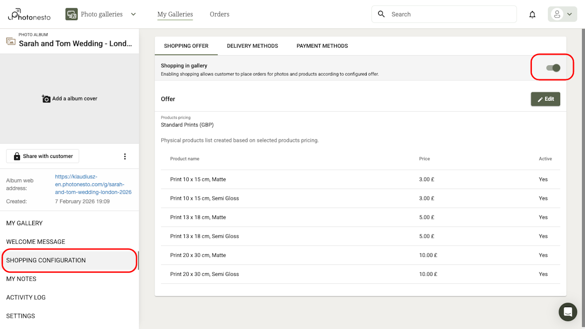 Gallery settings with the shopping toggle enabled and products list