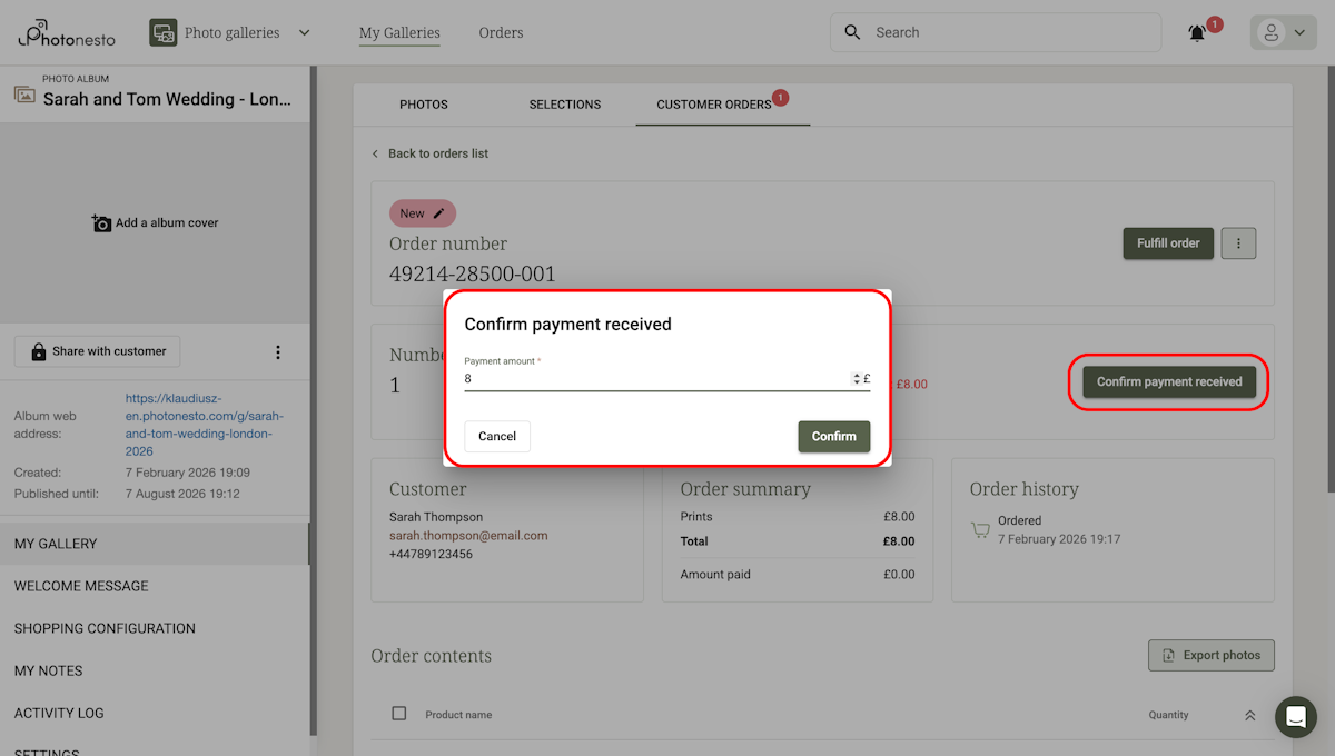 Payment confirmation dialog with amount field