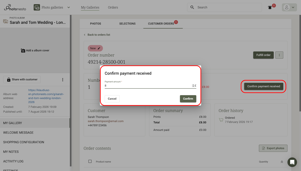 Payment confirmation dialog with amount field