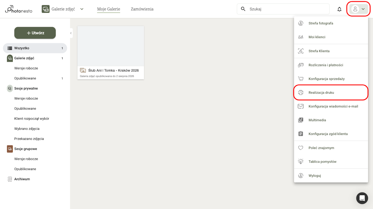 Menu użytkownika z zaznaczoną ścieżką: Realizacja druku → Laboratoria Fotograficzne