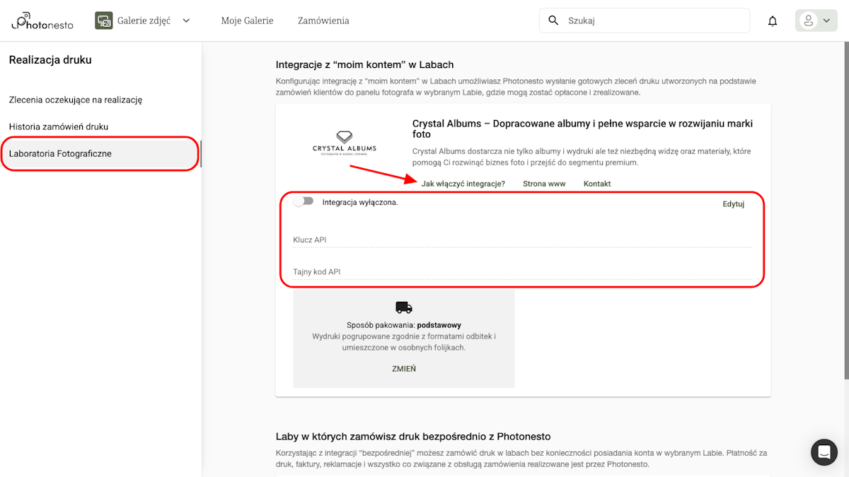 Sekcja Crystal Albums z przełącznikiem włącz/wyłącz i polem API key