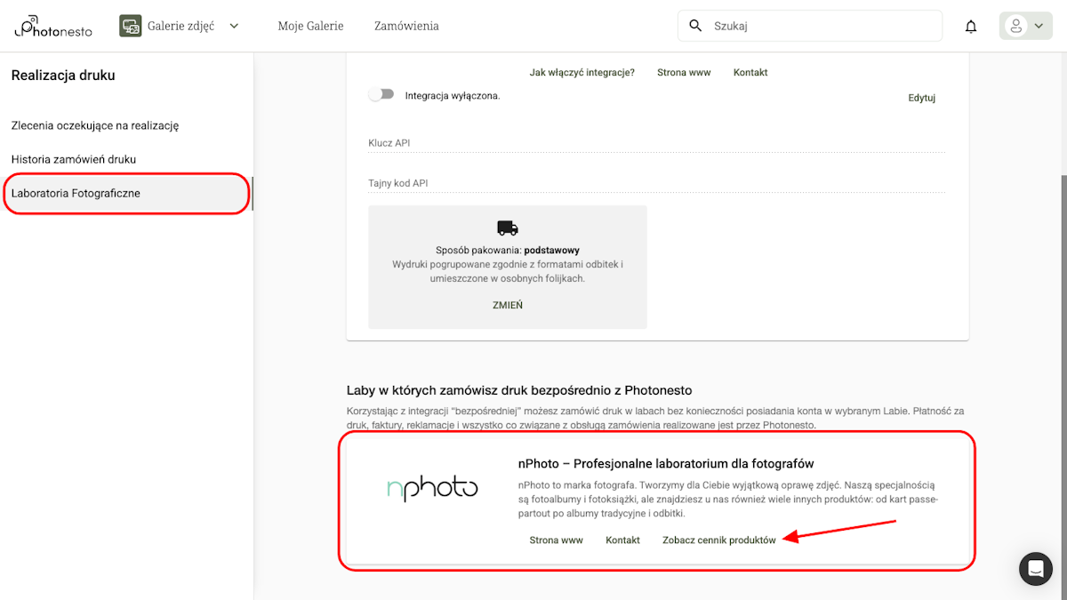 Sekcja nPhoto z przyciskiem Zobacz cennik produktów