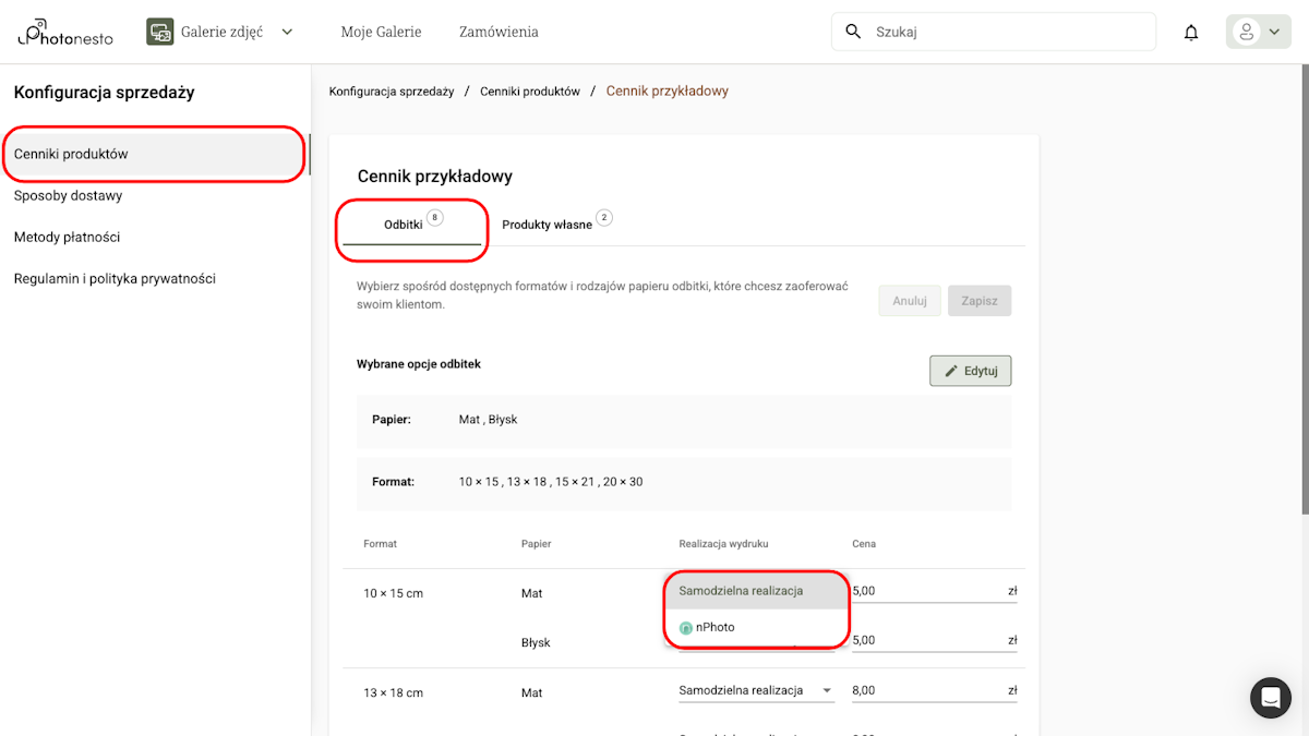 Dropdown Realizacja wydruku w cenniku produktów z opcjami: Samodzielna realizacja, nPhoto