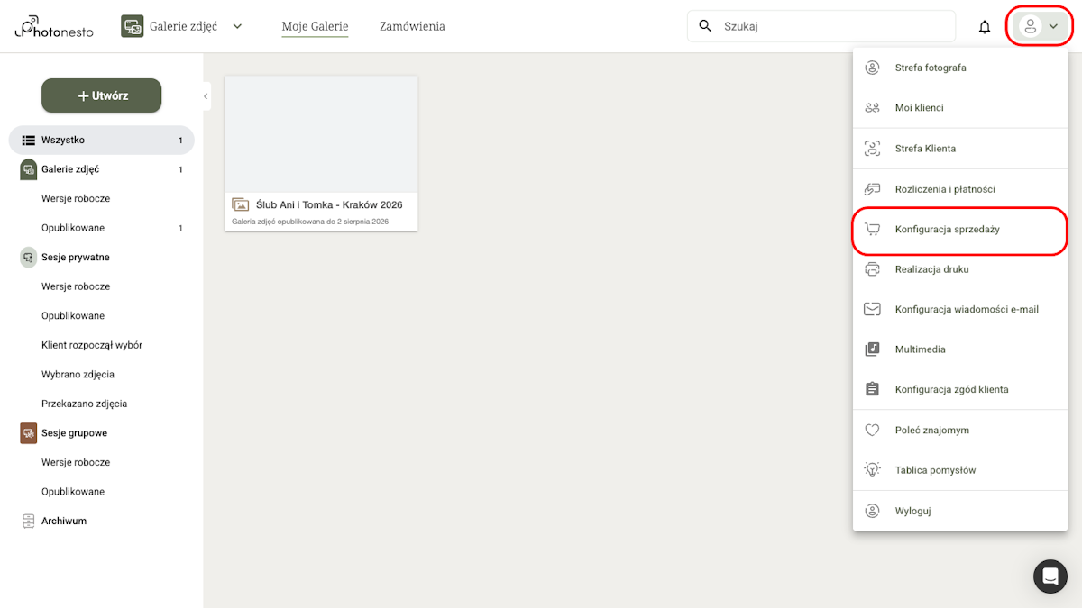 Menu użytkownika z zaznaczoną ścieżką: Konfiguracja sprzedaży → Cenniki produktów