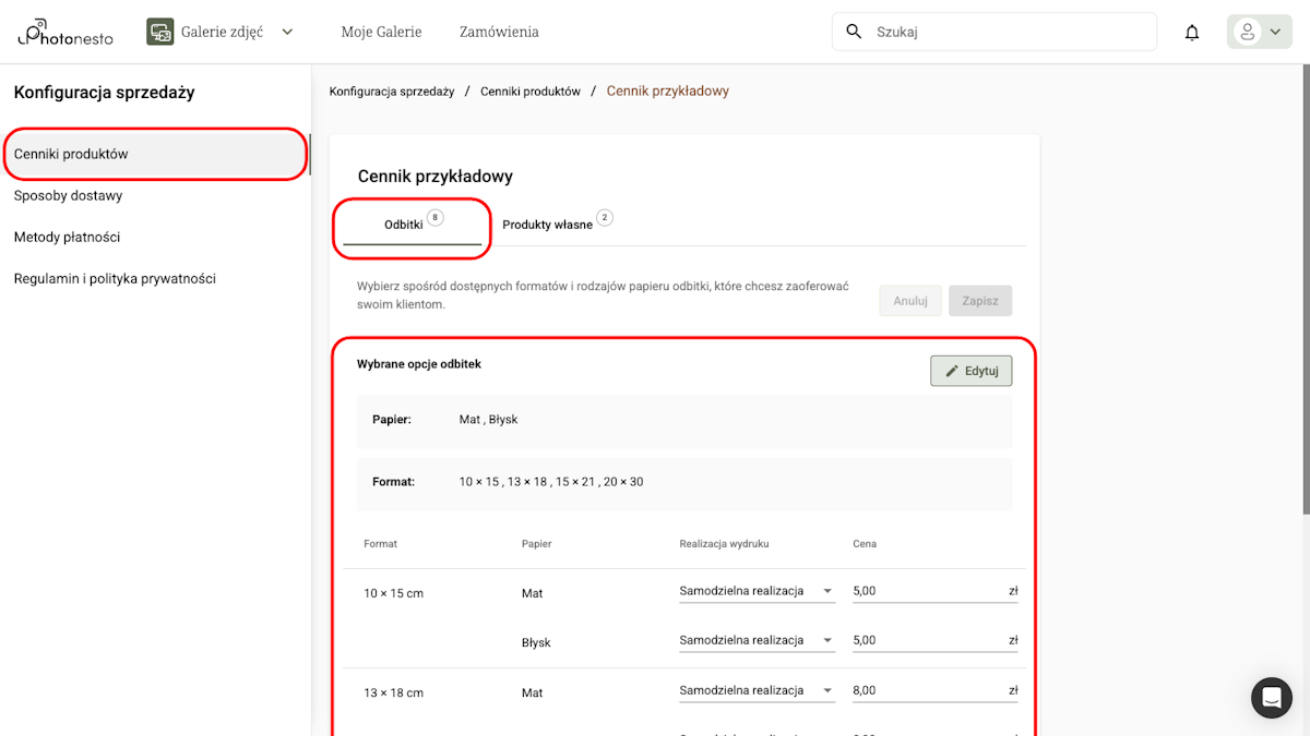 Tabela cennika produktów z kolumnami: Format, Papier, Realizacja wydruku, Cena