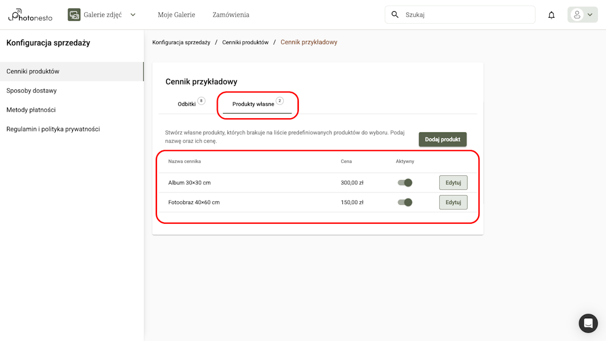 Zakładka Produkty własne z listą dodatkowych produktów: albumy, fotoobrazy