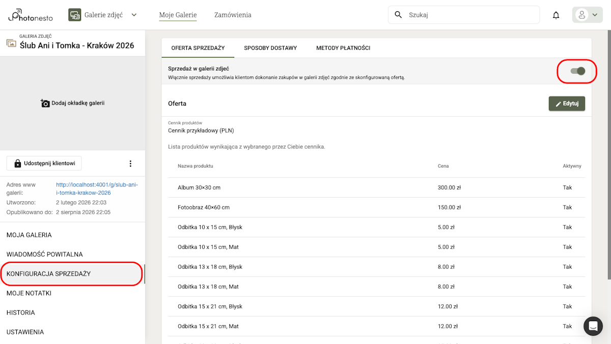 Ustawienia galerii z zaznaczoną opcją włączenia sprzedaży odbitek