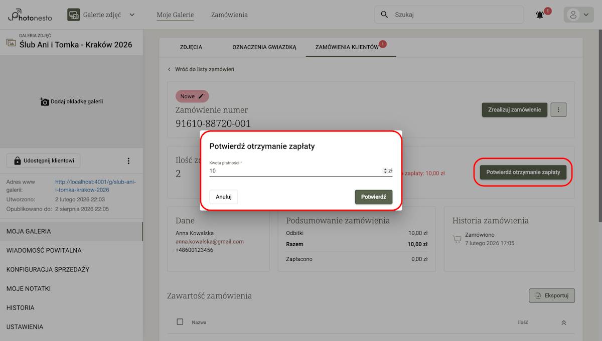 Dialog potwierdzenia płatności z polem kwoty