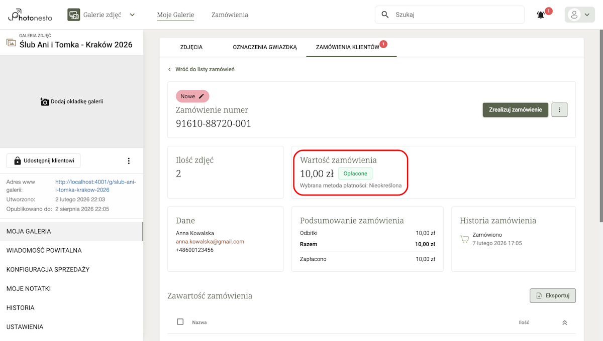 Zamówienie ze statusem Opłacone po potwierdzeniu płatności